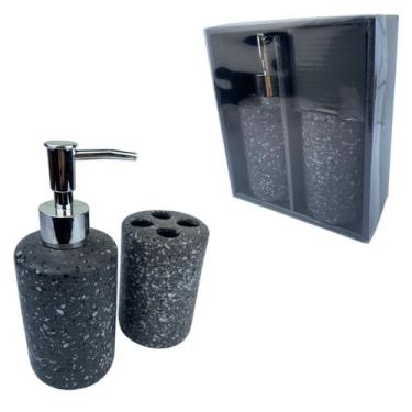Imagem de Kit Lavabo Banheiro Cerâmica Saboneteira Porta Escova Luxo Preto - M1