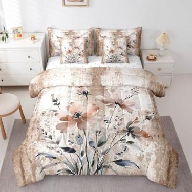 Imagem de Erosebridal Jogo de cama Queen com flores em aquarela para mulheres adultas, conjunto de edredom com pintura a óleo abstrata macia rústica para decoração de quarto de fazenda, bege, marrom, cinza e