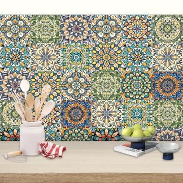 Imagem de BSFHH Adesivos de parede de azulejo mandala - (15 x 15 cm) decalques à prova d'água para cozinha, banheiro, arte de vinil autoadesivo removível com padrões boêmios (multicolor1-12, 6 x 6)