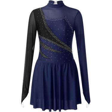 Imagem de Vestido De Patinação Artística Feminina Vestidos De Patinação Artística Desempenho Strass Balé Dança Collant Vestido Sheer Mesh Manga Comprida Trajes De Patinação No Gelo, Blue, XL
