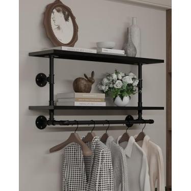 Imagem de TEDIDUWA Suporte para roupas de 91 cm, suporte de parede de 2 camadas com prateleira de madeira verdadeira, suporte para pendurar resistente, haste de pendurar multiuso, armazenamento de armário com