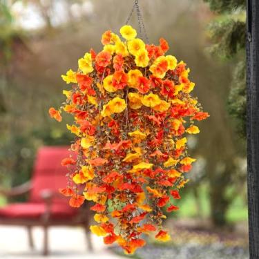 Imagem de Pacote com 4 plantas artificiais de flores para pendurar ao ar livre, glória matinal de seda falsa com eucalipto resistente a UV trepadeira realista para parede, varanda, pátio, varanda, quintal