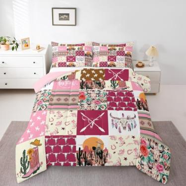 Imagem de Feelyou Conjunto de edredom asteca ocidental rosa para meninas, meninos, crianças, solteiro, com caveira de touro, decoração de quarto, botas de vaqueira selvagem, boho, rústico, floral, respirável
