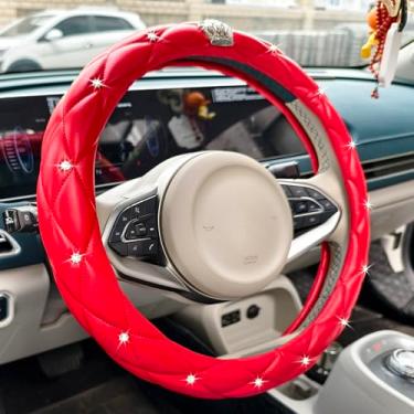Imagem de Capa de volante de carro de couro macio com coroa brilhante brilhante para mulheres e meninas, strass brilhante de cristal brilhante ajuste universal 37-38 cm protetor de roda automotivo para SUVs