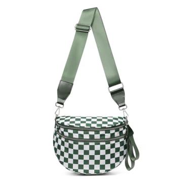 Imagem de DIOMO Bolsas femininas de nylon quadriculadas com zíper prateado, pochete de nylon plus size, bolsa de viagem, Xadrez verde feijão, Large, Moda clássica xadrez para viagem de verão