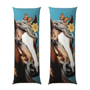 Imagem de Capa de travesseiro corporal com zíper oculto, fronha longa de microfibra macia e respirável para travesseiro corporal, cabeça de cavalo com flores e borboletas capas de travesseiro para cama de