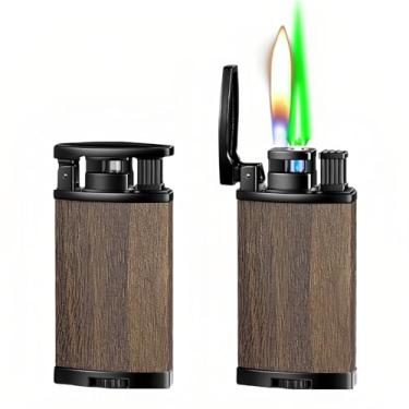 Imagem de NINSI Isqueiro de butano de chama dupla - Tocha verde jato à prova de vento e chama macia 2 em 1, textura de couro vintage, chama ajustável, recarregável e reutilizável (combustível não incluído