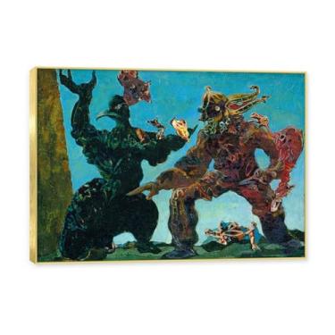 Imagem de Moldura dourada. Arte de parede de pinturas famosas, (Os bárbaros) de Max Ernst, pôster impresso em tela, imagem de arte abstrata para sala de estar quarto decoração de casa. 50 x 70 cm - 19,6 x 27,5