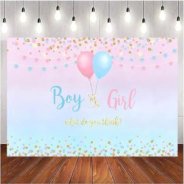 Imagem de Fundo azul rosa revelador de gênero menino ou menina sinal dourado estrelas pontos balão fotografia fundo para festa de aniversário, chá de bebê, gravidez, revelar festa surpresa faixa de sessão de