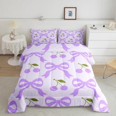 Imagem de Feelyou Jogo de cama casal com laço, fofo, kawaii, para meninos, meninas, adolescentes, roxo, brilhante, respirável, macio, leve, conjunto de edredom de microfibra