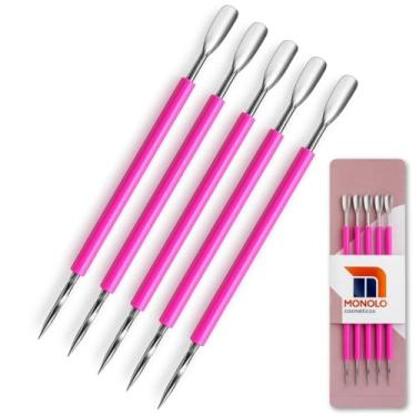 Imagem de Kit 5 Espátula Curva Palito Silicone Manicure Cutelaria Cutícula Unha Inox Premium MONOLO (Rosa)