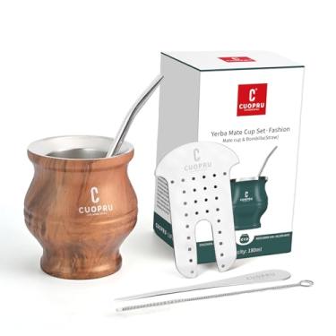 Imagem de Xícara de erva mate - conjunto de cabaça mate inclui xícara de chá de aço inoxidável de parede dupla, conjunto modelador de chá, canudos Bombilla, escova de limpeza (grão de madeira)