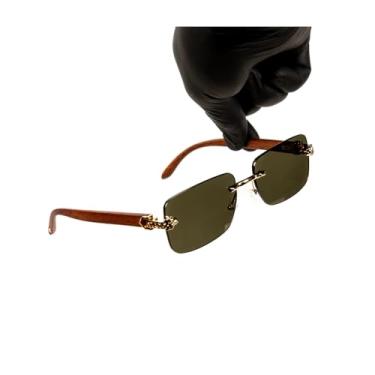 Imagem de Óculos de sol unissex retangular sem aro verde escuro com armação dourada de luxo retrô anos 90 elegante cabeça de leopardo hip hop óculos de sol sem moldura buffs quadrados madeira braço óculos de