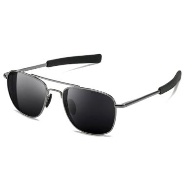 Imagem de SUNGAIT Óculos de sol com lentes de vidro real, estilo militar, piloto, aviador, HD, com hastes de baioneta com dobradiça de mola atualizada, Lente cinza com armação de metal