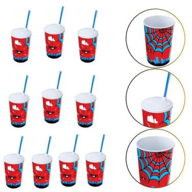 Imagem de Kit 10 Copo De Plástico 550 Ml Herói Homem Aranha Com Canudo - Arqplas