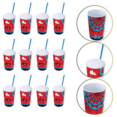Imagem de Kit 12 Copo De Plástico 550 Ml Herói Homem Aranha Com Canudo - Arqplas
