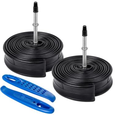Imagem de YunSCM 2 pacotes de tubos internos de bicicleta 700 x 18/25C – Válvula Presta de 48 mm de comprimento – (2 tubos internos com 3 alavancas de pneu