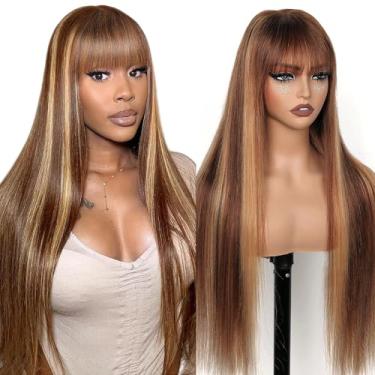 Imagem de Veally Peruca loira com franja feminina loira longa misturada marrom liso 66 cm peruca sintética resistente ao calor aparência natural para uso diário em festas