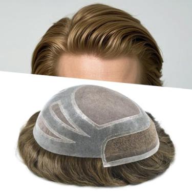Imagem de Sistema de cabelo durável para homens com renda francesa frente peruca masculina peruca natural peruca de cabelo fino mono para homens 20 x 25 cm 120% densidade leve a média # 710 marrom muito claro +