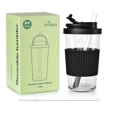 Imagem de sweet grain Copo Boba reutilizável - Copo Tritan Boba de 680 g com tampa e canudo, xícara de chá de bolhas/boba com alça de transporte e manga de silicone para smoothies de café gelado - Preto