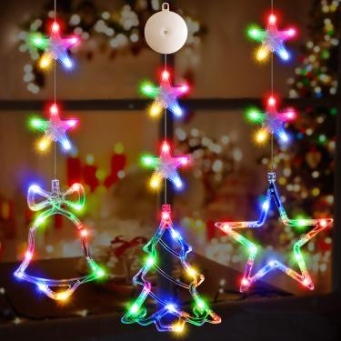 Imagem de LYUBASA [Temporizador] 3 peças de decorações de luzes de Natal, alimentadas por bateria, pendurada em janela de Natal, multicolorida, iluminada, sino, formato de estrela, sugador de LED para decoração
