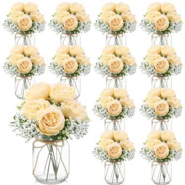 Imagem de Zeyune 12 conjuntos de decorações de mesa de centro de mesa de pote de pedreiro, buquês de flores artificiais de peônia para bebê, flores falsas com vaso, decoração rústica de casa de fazenda para