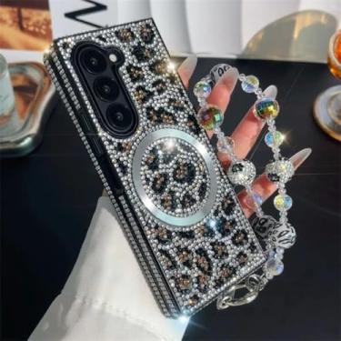 Imagem de Pulseira de couro com estampa de leopardo e corrente de mão com strass e glitter brilhante para Samsung Galaxy Z Fold 7 6 5 4 3 5G, branca, Galaxy Z Fold6