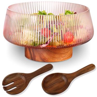 Imagem de FERAHI Conjunto de saladeira extragrande com base de madeira, tigela de salada de vidro com nervuras com utensílios de servir, tigelas de vidro rosa para massas, frutas, sobremesas, vinho, festas