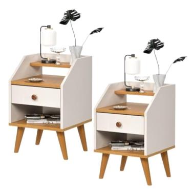 Imagem de Mesa de Cabeceira Pés Palito Retrô Criado Com 1 Gaveta Quarto Decoração (Kit 2 Off-Freijó)