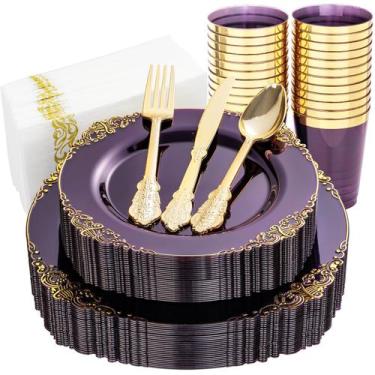 Imagem de Conjunto de pratos de plástico Nervure Clear Purple com ouro 175 unida