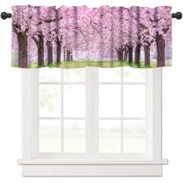 Imagem de Cortina de janela curta com estampa de cerejeira floresta, paisagem de parque natural de primavera com estampa de cerejeiras rosa japonesas para cozinha, café, quarto, 137 x 45 cm