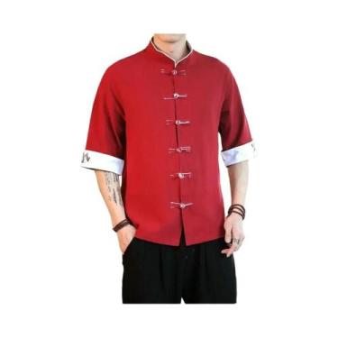 Imagem de Camisa Masculina Hanfu de Linho com Bordado de Guindaste - Gola Mandar