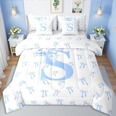 Imagem de Erosebridal Conjunto de edredom solteiro com laço e letra S, 7 peças, azul, estilo princesa em uma bolsa, para crianças, meninas, fantasia, monograma, gravata borboleta