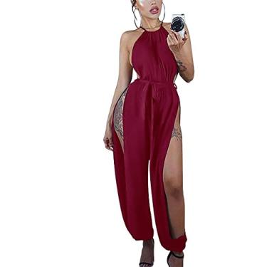 Imagem de 2023 Macacão Feminino Sexy Boate Elegante Ombro A Ombro Macacão Sem Mangas Perna Larga Fenda Calças Compridas Macacões De Festa, Wine Red, XL