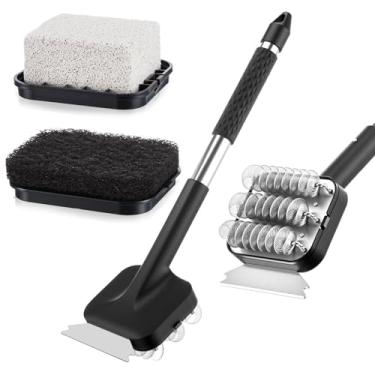 Imagem de LemonRoad Kit de escova de limpeza de churrasqueira, cabo de limpeza de churrasqueira com raspador, cabeça de limpeza de aço inoxidável, placa de limpeza de tijolos, almofada de limpeza para grelha