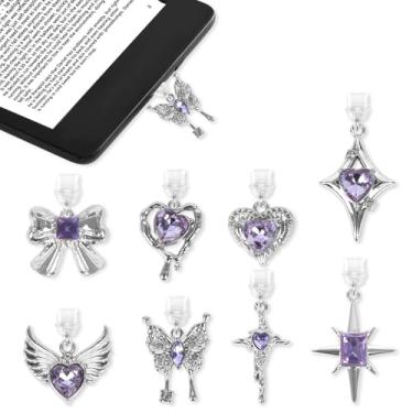Imagem de Aposwow Pingente de plugue de poeira Y2k - 8 peças de pingente de porta de carregamento com coração de borboleta roxa tipo C com Kindle e telefone USB C para acessórios Kindle para e-Readers, amantes