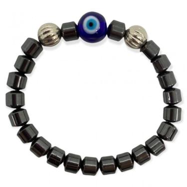Imagem de Pulseira Olho Grego Azul E Hematita Cilindrica E Silicone