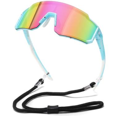 Imagem de DUCO Óculos de sol polarizados infantis juvenis esportes ciclismo armação leve UV400 óculos de sol infantil meninos meninas beisebol DK310 (armação azul claro vermelho branco lente rosa Revo)