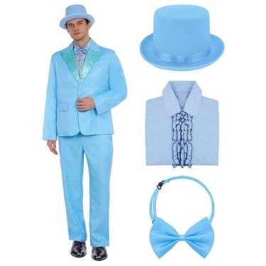 Imagem de EchoElce Fantasias de Halloween terno azul smoking laranja chapéu gravata borboleta anos 90 roupa cosplay Halloween (azul, GG)