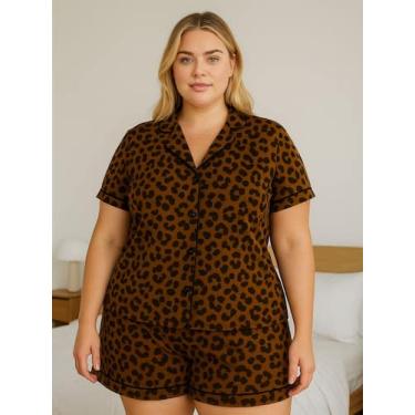 Imagem de Pijama Americano Estampado Plus Size Blusa com Botões que Abrem e Shor