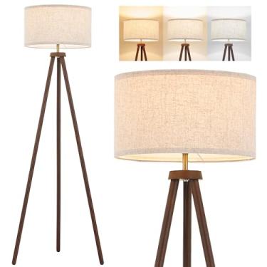 Imagem de ELYONA Luminária De Chão De Tripé De Madeira, Metal Latão Escovado E 3 Temperaturas De Cor, Lâmpada Led Vintage De Madeira, Luminária Alta Industrial Para Sala De Estar, Quarto, Escritório, Abajur
