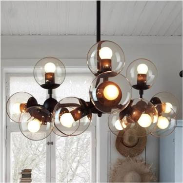 Imagem de Lustre moderno de vidro redondo bola lustre iluminação industrial ferro lustres sala estar quarto luminárias decoração casa lâmpada, âmbar branco quente led 12 cabeças