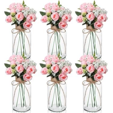 Imagem de Zeyune 6 conjuntos de buquê de flores de rosas artificiais com hálito falso de bebê, vasos de vidro transparente, plantas falsas, arranjos de flores, mesa de centro de mesa para casamento, casa