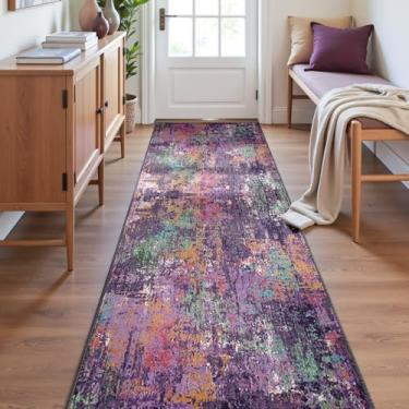 Imagem de RELEANY Tapetes laváveis de 6 x 20 cm, antiderrapante, moderno, abstrato, macio para sala de estar, entrada, quarto, berçário, padrão impresso, roxo, laranja, azul, verde, vermelho, enferrujado