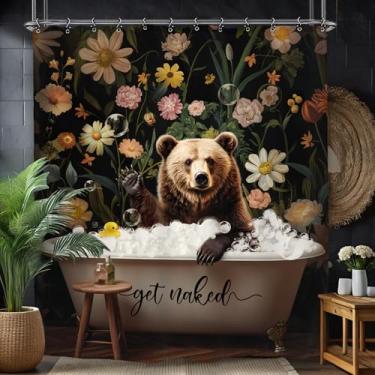 Imagem de Yookeb Cortina de chuveiro de banheiro Urso engraçado 152 cm por 188 cm Flor de flor vintage animal rústico Hilarious Botanical Get Naked Tecido de poliéster 12 ganchos de plástico à prova d'água