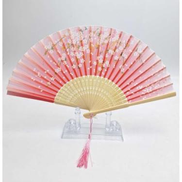 Imagem de Leque de Madeira Oriental Japonês Ventilador de Mão Estampado Chique(JP0429 Rosa Claro)