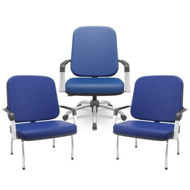 Imagem de Kit Cadeira de Escritório Giratória e 2 Cadeiras Fixas Cromada Magno P03 Vinil Azul - Lyam Decor