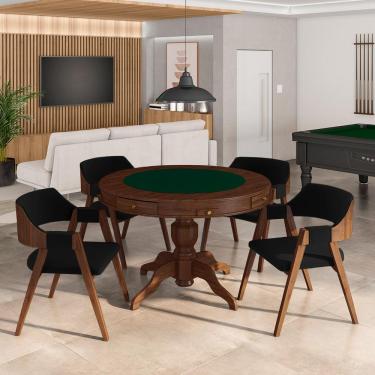 Imagem de Conjunto Mesa de Jogos Carteado Bellagio Tampo Reversível e 4 Cadeiras Madeira Poker Base Estrela Veludo Preto/Imbuia G42 - Gran Belo
