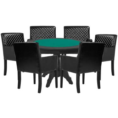 Imagem de Mesa de Jogos Carteado Montreal Tampo Reversível Preto com 6 Cadeiras Liverpool PU Preto Matelassê