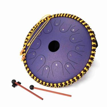 Imagem de Mingzhe 15.4in 14-tone C Chave Língua de Aço Tambor de Aço Carbono Mão Pan Tambores Instrumentos de Percussão Com Baqueta para Performances de Yoga Roxo (Roxo)